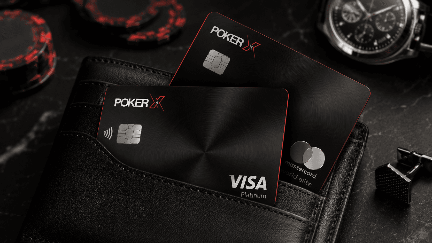 POKER X Black Elite lifestyle — premium cards, watch, and poker chips